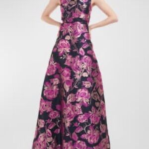 Kay Unger Metallic Floral Print Portrait Neck Cap Sleeve A-Line Gown size 6 NWT